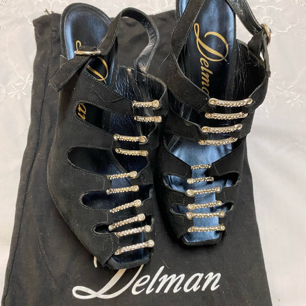 Delman Black Suede Heels with Silver Detailing